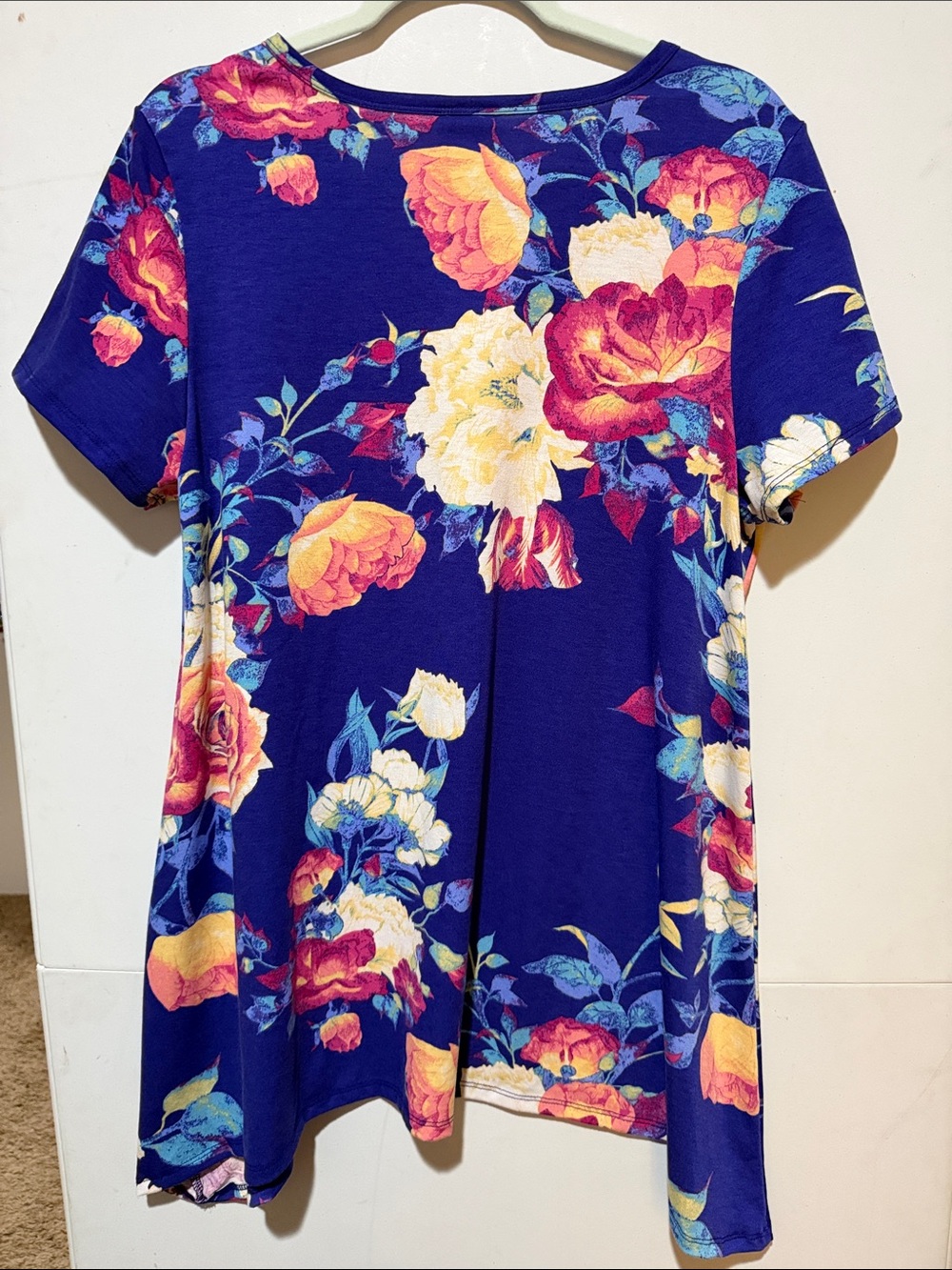 LuLaRoe Melissa deep purple Floral Tunic with Pink, Yellow and Cream Roses - Picture 5 of 7